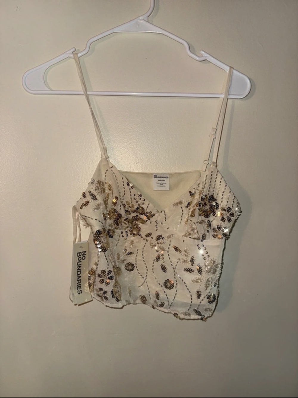 Cream Sequin Embellished Spaghetti Strap Crop Top